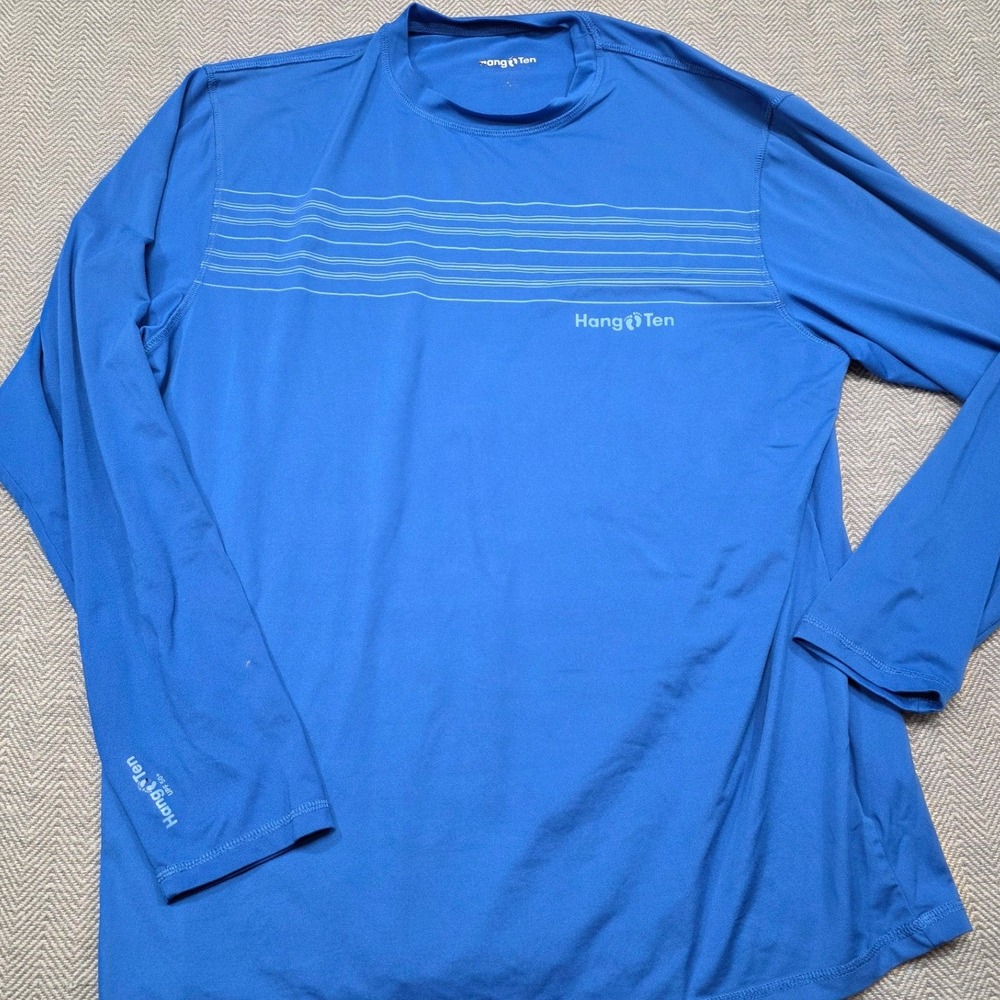 Hang Ten Mens Long Sleeve UPF 50+ Sun Shirt Blue Striped Performance Tee Large‎